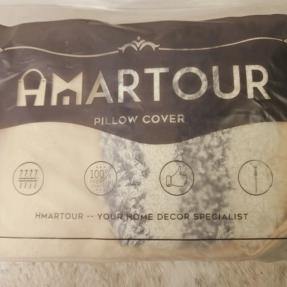 Hmartour Cream Grey Tufted Tassel Throw Pillow Cover Rectangular Boho Farm Beach